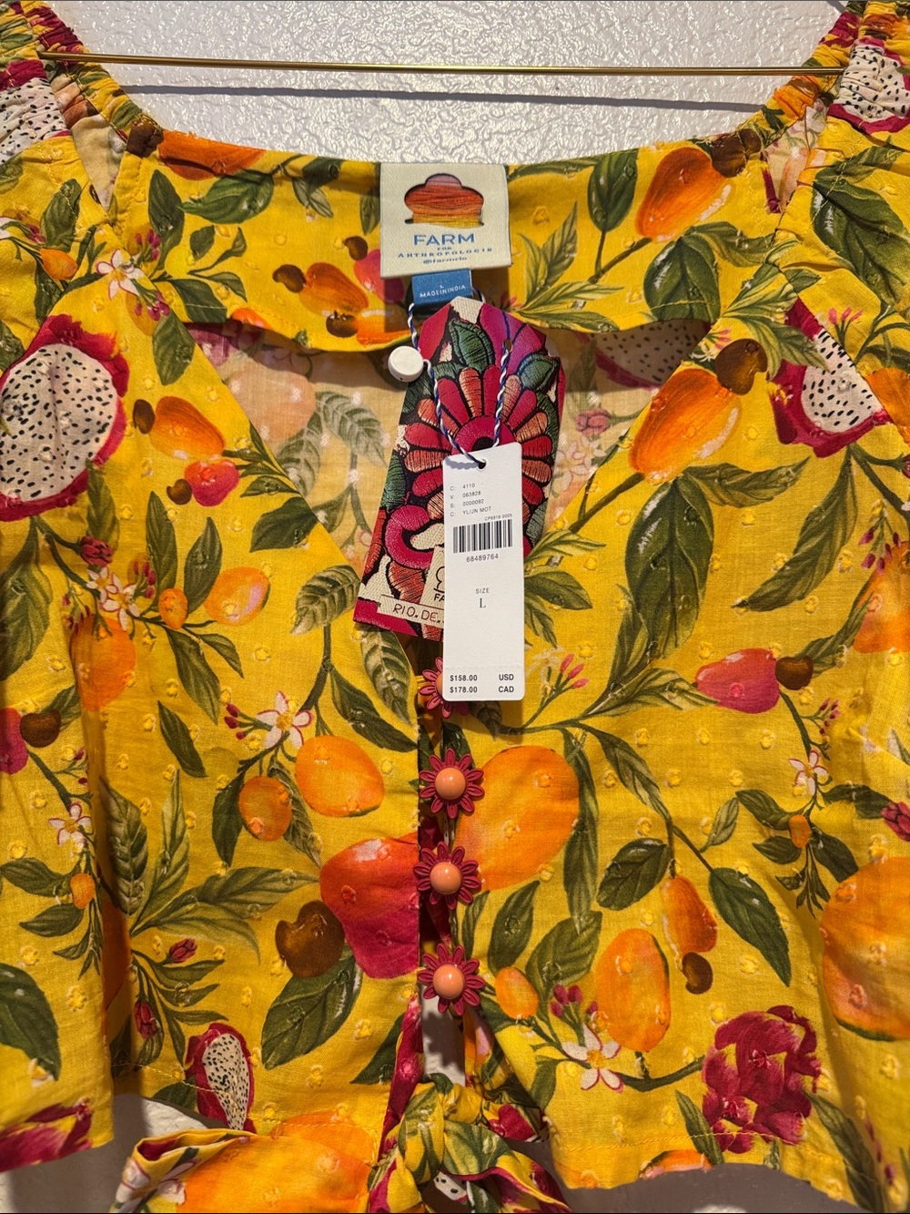 FARM Rio Yellow Tropical Tie-Front Crop Top with Orange Trim - Picture 6 of 11